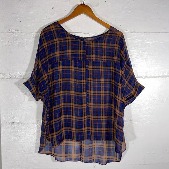 TopShop Plaid Oversized Sheer Blouse Women’s Size US 8 UK 12 Short Sleeve - Picture 2 of 9